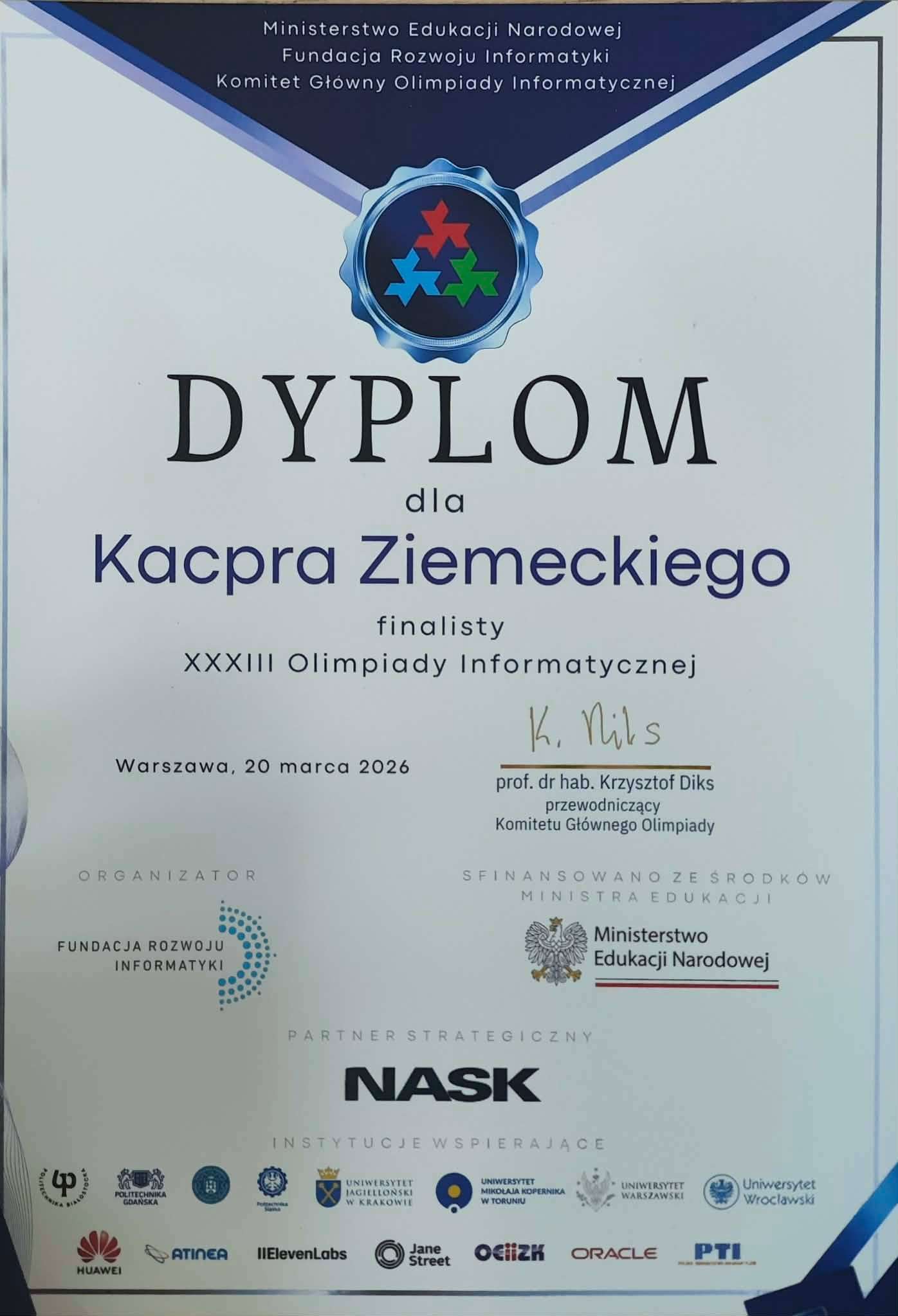 Dyplom finalisty Olimpiady Informatycznej dla Kacpra Ziemeckiego